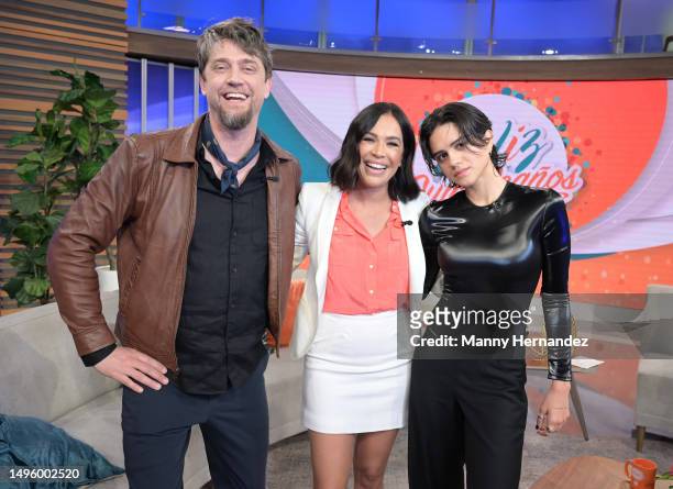 Andres Muschietti, Karla Martinez and Sasha Calle at Univision's Despierta America morning show to promote the their new movie, The Flash at...