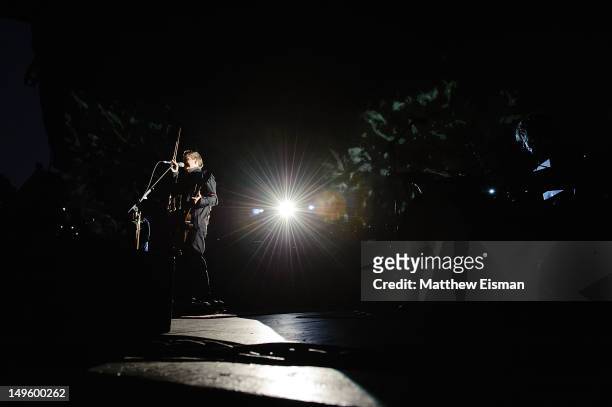 Jonsi Birgisson of the Icelandic rock band Sigur Ros performs onstage at Celebrate Brooklyn! at the Prospect Park Bandshell on July 31, 2012 in the...