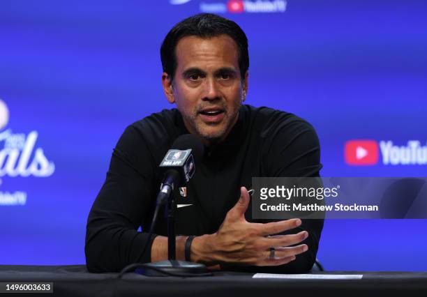 Head coach Erik Spoelstra of the Miami Heat speaks to media after a 111-108 victory against the Denver Nuggets in Game Two of the 2023 NBA Finals at...