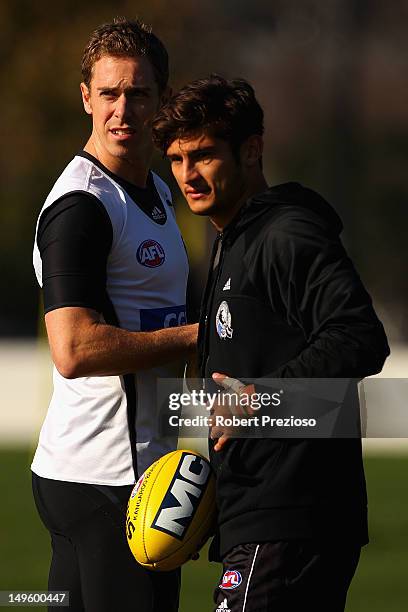 Nick Maxwell looks on during a Collingwood Magpies AFL training session at Gosch's Paddock on August 1, 2012 in Melbourne, Australia.