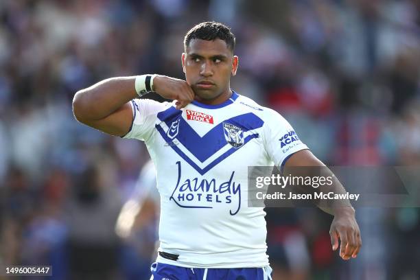 Tevita Pangai Junior of the Bulldogs looks on during the round 14 NRL match between Sydney Roosters and Canterbury Bulldogs at Central Coast Stadium...