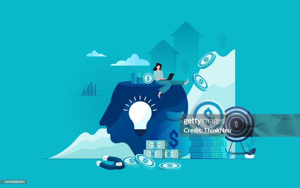 Isometric business woman working on rising arrow