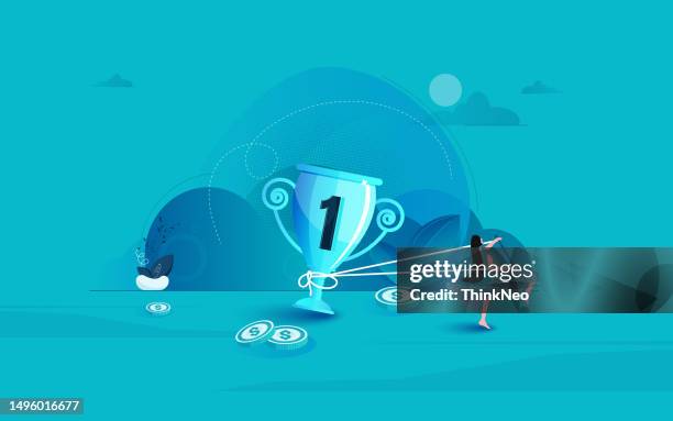 woman use a rope to help pull the trophy down - woman dragging stock illustrations