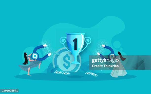 business people competition, persons attracting trophy by magnet - attract money stock illustrations