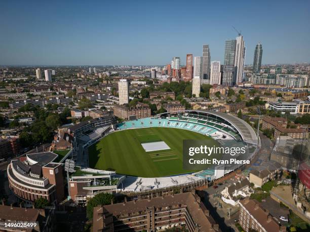 An aerial view of The Oval on June 04, 2023 in London, England.