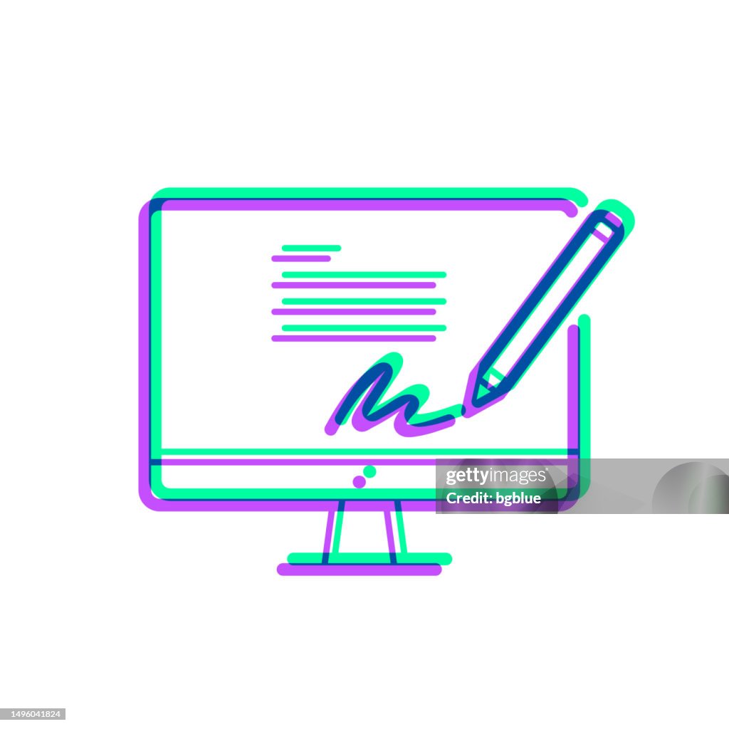 Firma electrónica en ordenador de sobremesa. Icono con superposición de dos colores sobre fondo blanco