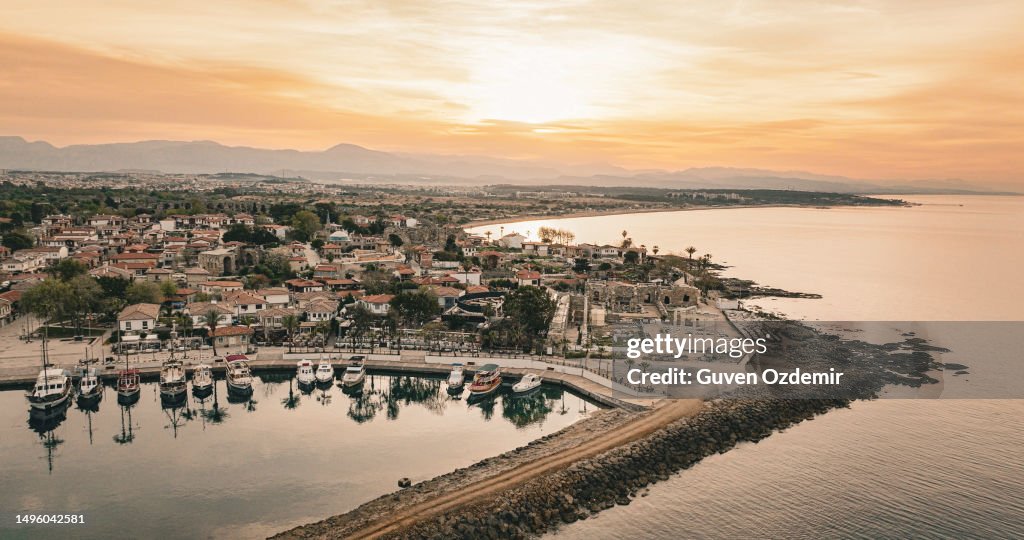 Aerial view of Antalya Side Ancient City, Ancient Ruins of Roman Empire Sunset, Aerial view of antalya side temple of apollo, historical side town, side city view, ancient historical ruins, side amphitheater, aerial view of antalya side harbor