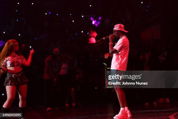 Ice Spice and Lil Tjay perform during Hot 97 Summer Jam at UBS Arena on June 04, 2023 in Elmont, New York.