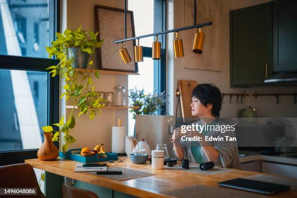 asian chinese beautiful woman enjoying her afternoon tea at living room looking outside window relax - color enhanced stock pictures, royalty-free photos & images