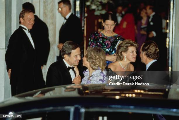 Constantine II of Greece celebrates his 50th birthday in London with Anne Marie of Greece, King Juan Carlos I and Queen Sofia of Spain, and Princess...