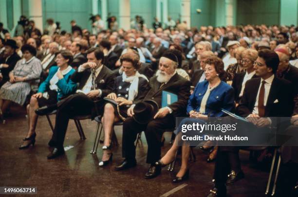 Attendees at an event held by the World Jewish Congress to mark the 45th anniversary of the end of World War II, Villa Wannsee, West Berlin, West...