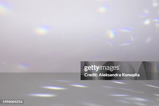 Empty studio room background with abstract crystal disco ball spotlight beams. Minimal 3d architectural stage with dreamy festive light. Front view, copy space.