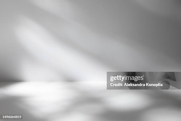 empty studio room background with abstract diagonal window light and shadows. minimal 3d monochrome architectural stage with dreamy soft light. front view, copy space - toile de fond photos et images de collection