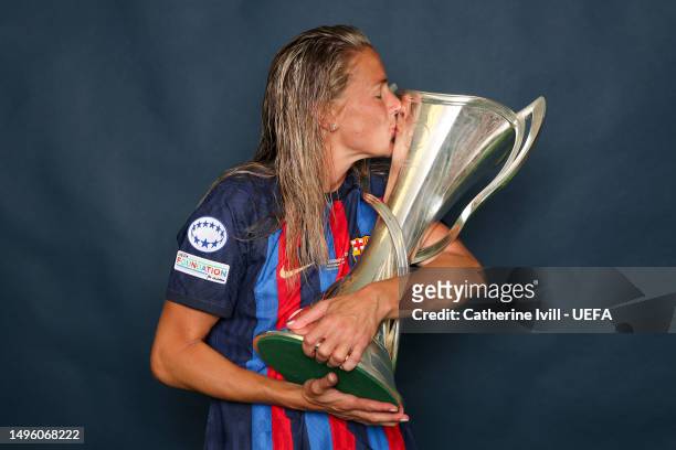Ana-Maria Crnogorcevic of FC Barcelona poses for a photograph with the UEFA Women's Champions League trophy after the UEFA Women's Champions League...