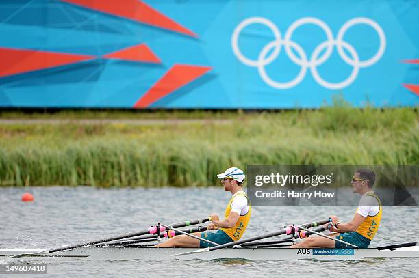 Roderick Chisholm and Thomas Gibson of Australia compete during the Men's Double Sculls semi final on Day 5 of the London 2012 Olympic Games at Eton...