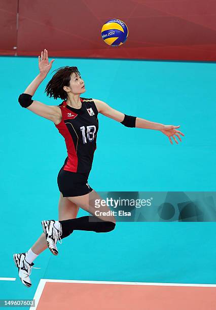 Saori Kimura of Japan serves the ball in the third set against the Dominican Republic during Women's Volleyball on Day 5 of the London 2012 Olympic...