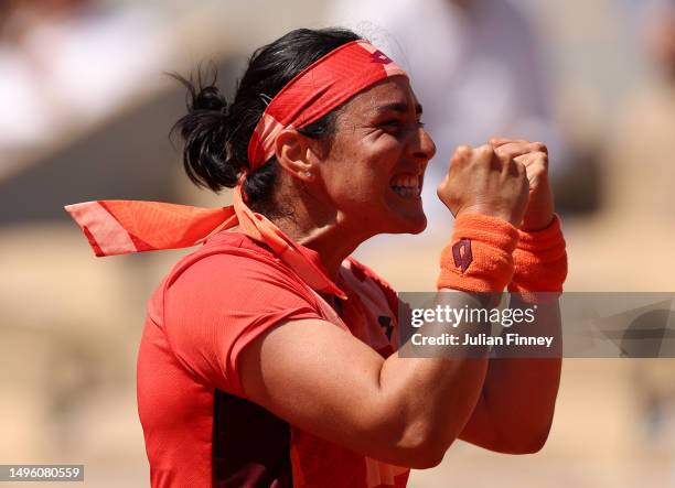 Ons Jabeur of Tunisia celebrates winning match point against Bernarda Pera of United States during the Women's Singles Fourth Round match on Day Nine...