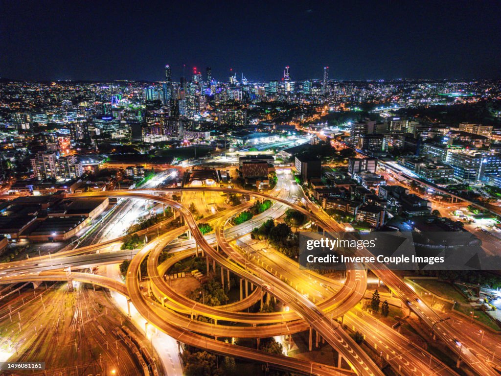 Landscape and Cityscape Scene of Above Bowen Hills Express way in Brisbane, Queensland, Australia