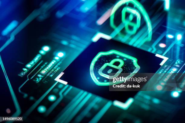 internet security concept. digital shield cyber security solutions on pcb futuristic background - antivirus stock pictures, royalty-free photos & images