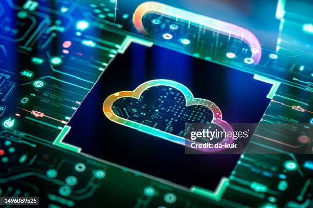 cloud computing concept. digital cloud solutions on pcb futuristic background - cloud security stock pictures, royalty-free photos & images