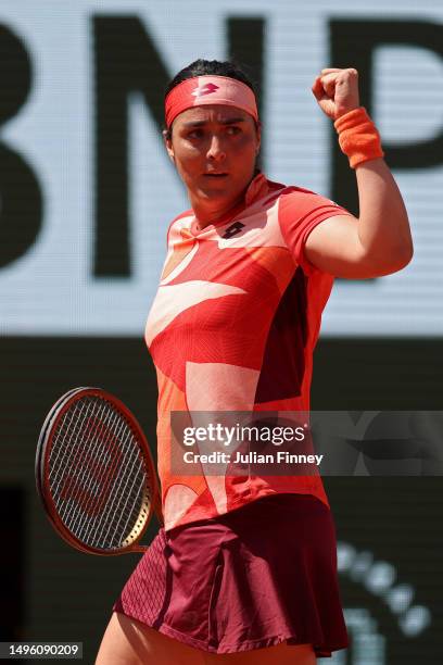 Ons Jabeur of Tunisia celebrates a point against Bernarda Pera of United States during the Women's Singles Fourth Round match on Day Nine of the 2023...