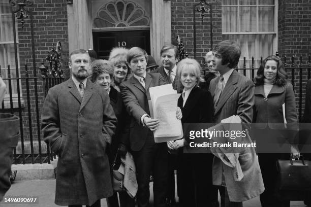 British actors, including from left: Edward Woodward , Dame Peggy Ashcroft , Sheila Hancock, Michael Boothe , Julia Foster and Derek Nimmo with a...