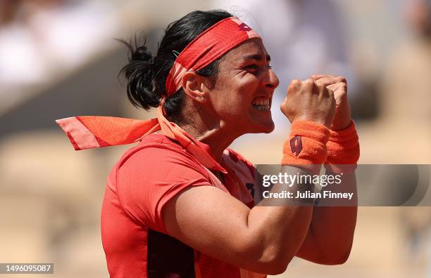 Ons Jabeur of Tunisia celebrates defeating Bernarda Pera of United States during the Women's Singles Fourth Round match on Day Nine of the 2023...