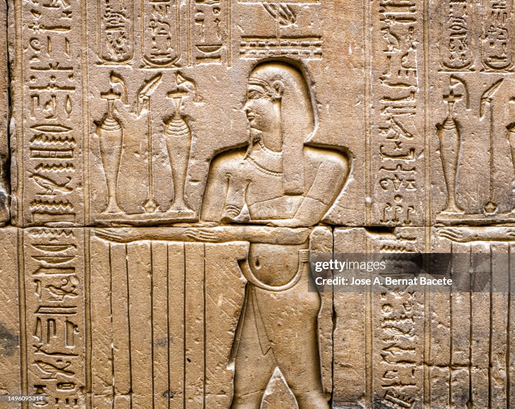 Drawings and hieroglyphics on the facade of the Edfu Temple, Egypt