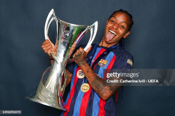 Geyse of FC Barcelona poses for a photograph with the UEFA Women's Champions League trophy after the UEFA Women's Champions League final match...