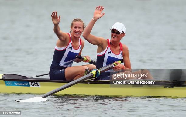 Helen Glover and Heather Stanning celebrate after winning gold in the Women's Pair Final during the Men's Single Sculls on Day 5 of the London 2012...