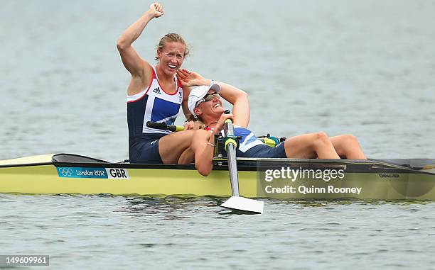 Helen Glover and Heather Stanning celebrate after winning gold in the Women's Pair Final during the Men's Single Sculls on Day 5 of the London 2012...