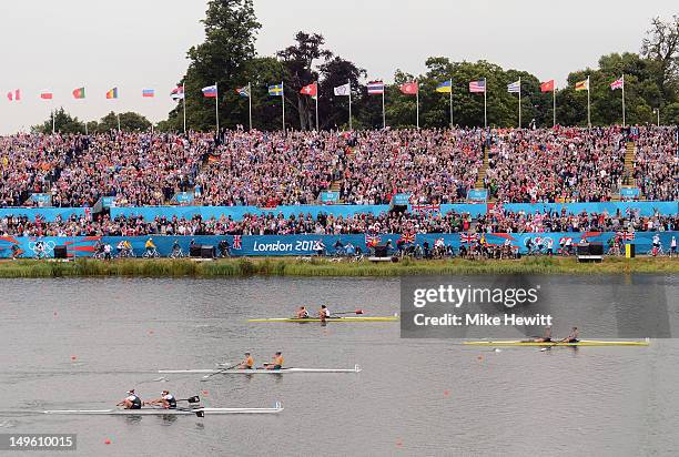 Heather Stanning and Helen Glover lead during the Women's Pair Final during the Men's Single Sculls on Day 5 of the London 2012 Olympic Games at Eton...