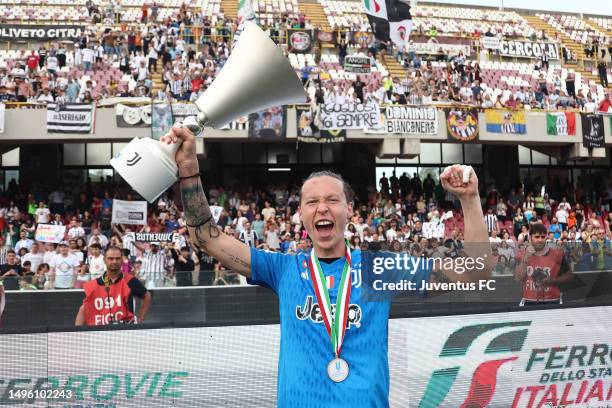 Pauline Magnin of Juventus celebrates after the Women Coppa Italia Final at Stadio Arechi on June 04, 2023 in Salerno, Italy.