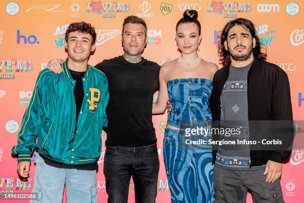 Gabriele Vagnato, Fedez, Mariasole Pollio and Max Angioni attend the "Love MI" Press Conference Photocall at Palazzo Reale on May 23, 2022 in Milan,...
