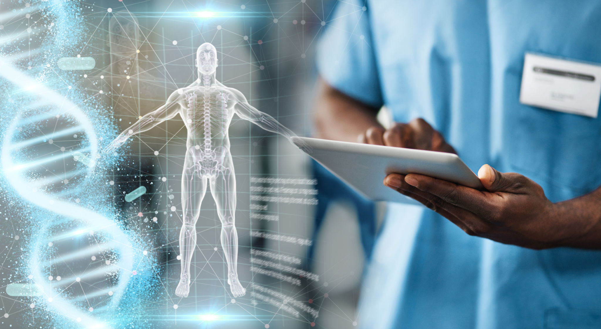 Hands, tablet and doctor with body hologram, overlay and dna research for medical innovation on app. Medic man, nurse and mobile touchscreen for typing on anatomy study or 3d holographic ux in clinic Hands, tablet and doctor with body hologram, overlay and dna research for medical innovation on app. Medic man, nurse and mobile touchscreen for typing on anatomy study or 3d holographic ux in clinic