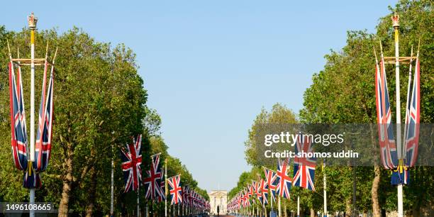 panoramic view of british union jack - buckingham palace london stock pictures, royalty-free photos & images