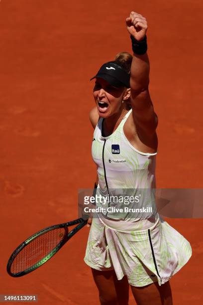 Beatriz Haddad Maia of Brazil celebrates a point against Sara Sorribes Tormo of Spain during the Women's Singles Fourth Round match on Day Nine of...