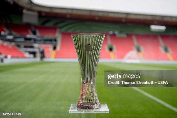 The trophy of the UEFA Europa Conference League is pictured prior to the UEFA Europa Conference League 2022/23 final match between ACF Fiorentina and...