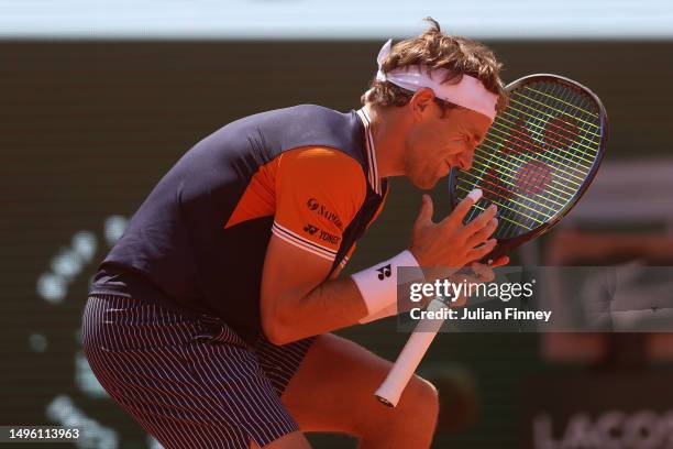 Casper Ruud of Norway reacts against Nicolas Jarry of Chile during the Men's Singles Fourth Round match on Day Nine of the 2023 French Open at Roland...