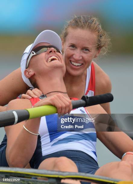 Helen Glover and Heather Stanning of Great Britain celebrate in their boat after winning gold in the Women's Pair Final A on Day 5 of the London 2012...