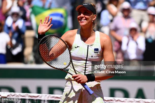 Beatriz Haddad Maia of Brazil celebrates winning match point against Sara Sorribes Tormo of Spain during the Women's Singles Fourth Round match on...