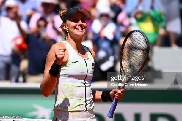 Beatriz Haddad Maia of Brazil celebrates winning match point against Sara Sorribes Tormo of Spain during the Women's Singles Fourth Round match on...