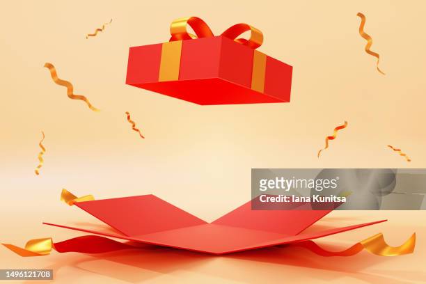 open red gift box and festive confetti on yellow background. 3d pattern, template, place for showing product. happy anniversary, happy birthday, happy valentine's day, merry christmas, wedding present. - open day 3 fotografías e imágenes de stock