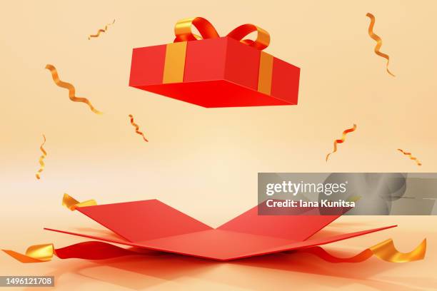 open red gift box and festive confetti on yellow background. 3d pattern, template, place for showing product. happy anniversary, happy birthday, happy valentine's day, merry christmas, wedding present. - open marriage stock pictures, royalty-free photos & images