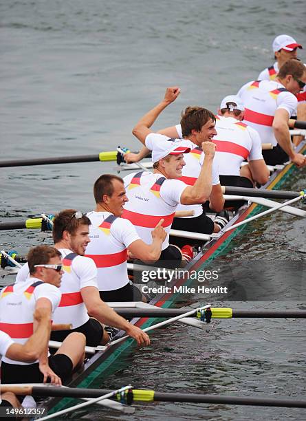 The Germany team celebrate after winning gold in the Men's Eight Final on Day 5 of the London 2012 Olympic Games at Eton Dorney on August 1, 2012 in...