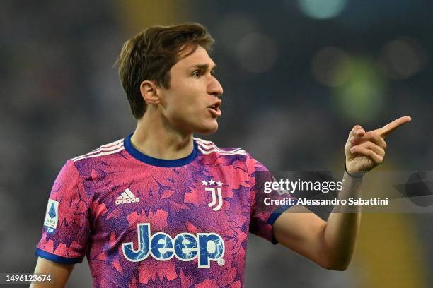 Federico Chiesa of Juventus gestures during the Serie A match between Udinese Calcio and Juventus at Dacia Arena on June 04, 2023 in Udine, Italy.