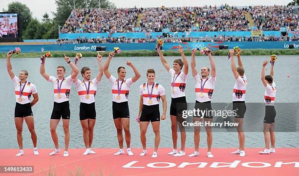 The Germany team celebrate after winning gold in the Men's Eight Final on Day 5 of the London 2012 Olympic Games at Eton Dorney on August 1, 2012 in...