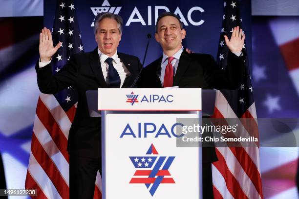 Secretary of State Antony Blinken is welcomed to the stage by American Israel Public Affairs Committee President Michael Tuchin during the...