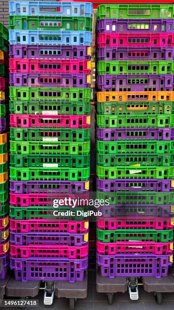 colorful plastic crates - month stock pictures, royalty-free photos & images