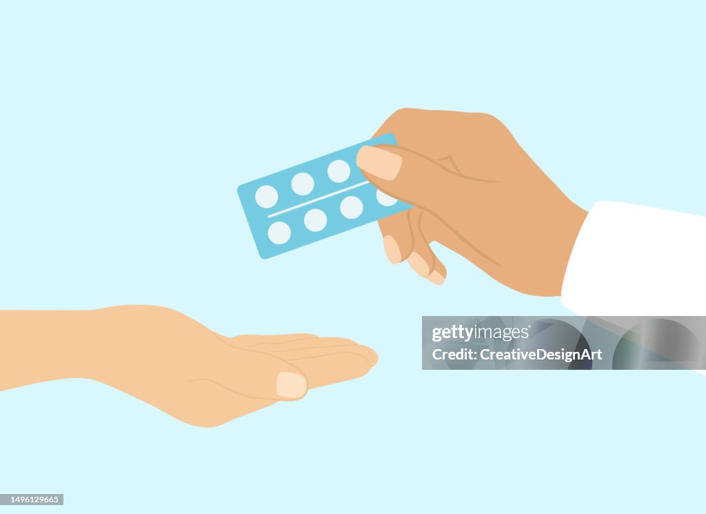 Doctor Giving Blister Pack Of Pills To Patient For Curing Illness. Healthcare, Medicine And Illness Treatment Concept